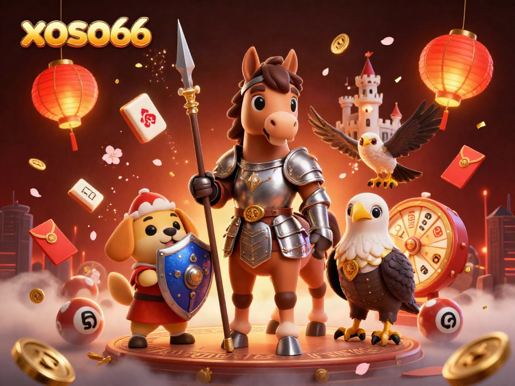 Win at xoso66 with a vibrant lottery-themed scene featuring a knight, puppy, and falcon.
