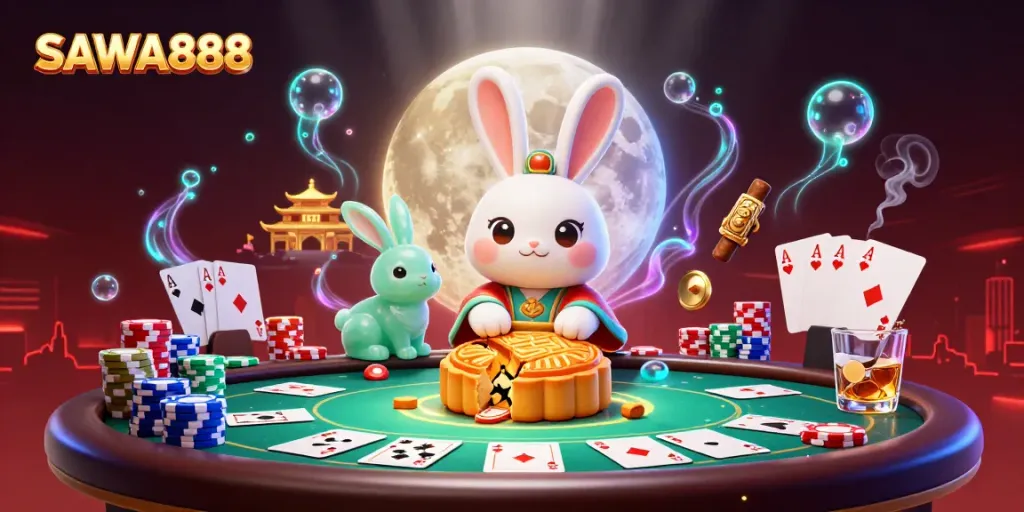 Engage with SAWA888 as moon rabbits play poker in a vibrant, immersive casino fantasy scene.