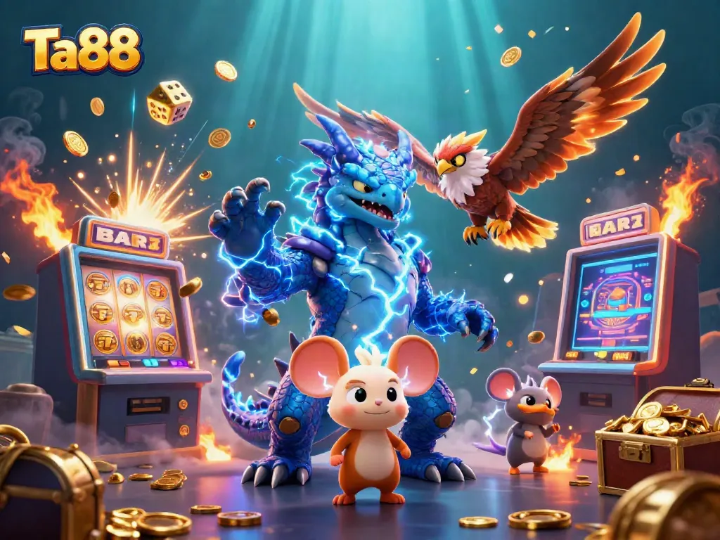 Experience the thrill of Ta88 with a dynamic scene of cartoon characters and casino elements bursting with excitement.