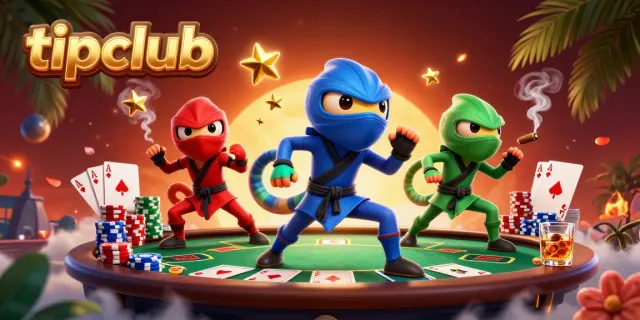 Tipclub chameleon team performing martial arts amidst poker elements, showcasing dynamic action.