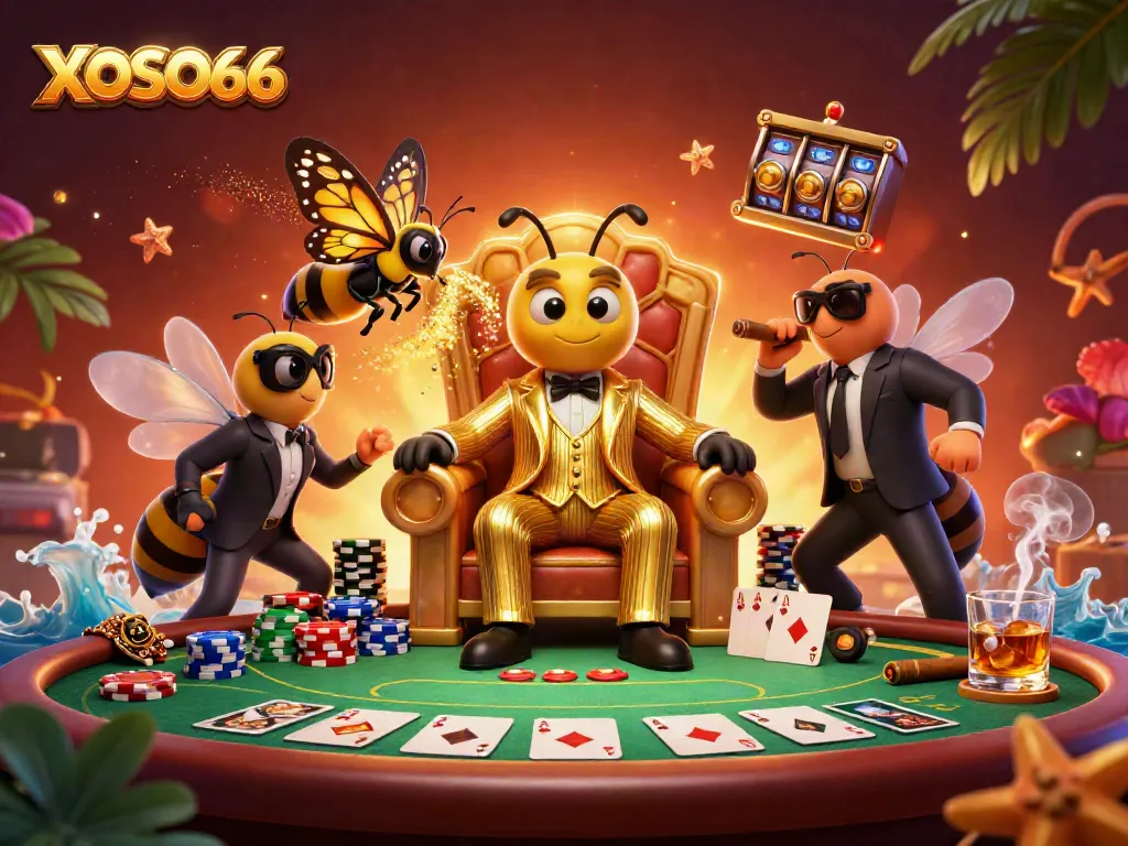 XOSO66 showcases an engaging scene with a bumblebee mob boss surrounded by poker elements and vibrant casino visuals.