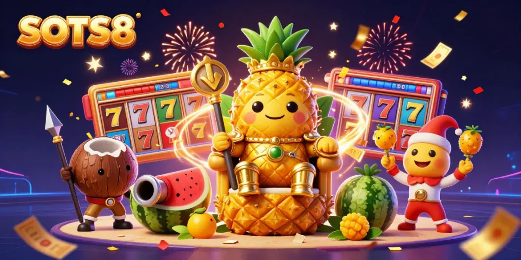 SLOTS8 showcases a vibrant casino scene with a golden pineapple king, jackpot symbols, and playful characters.
