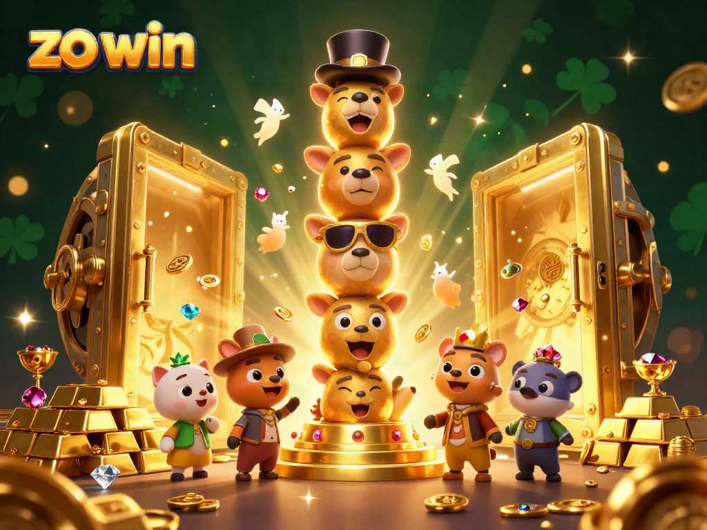 Experience big wins at zo win with a vibrant casino-themed 3D illustration featuring golden treasures and lively characters.