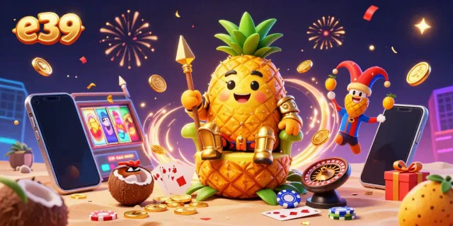 Engaging e39 gaming scene with a pineapple king and colorful casino elements sparking winning excitement.