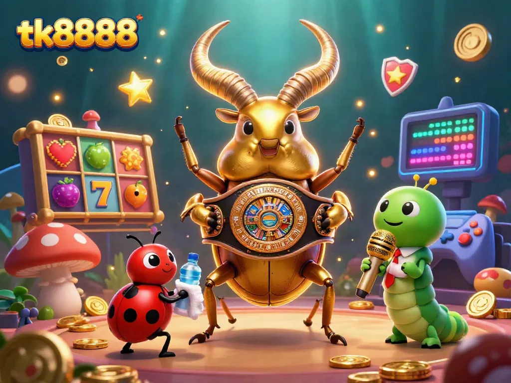 Experience the excitement of tk8888 with a dazzling 3D casino scene featuring a golden stag beetle champion.
