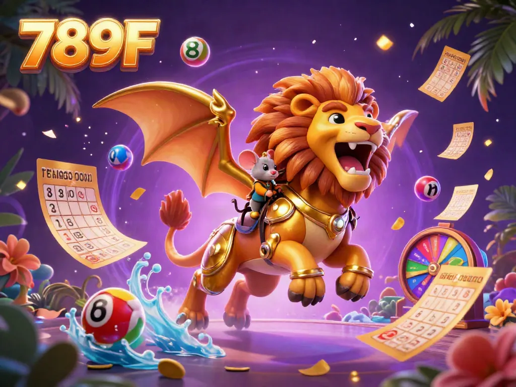Engage with the excitement at 789F as a cartoon chimera creature roars triumphantly, surrounded by dynamic gambling elements.