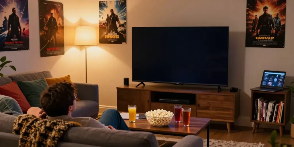 Cozy home scene with a person streaming Netflix gratis on a large TV, popcorn, and warm lighting.