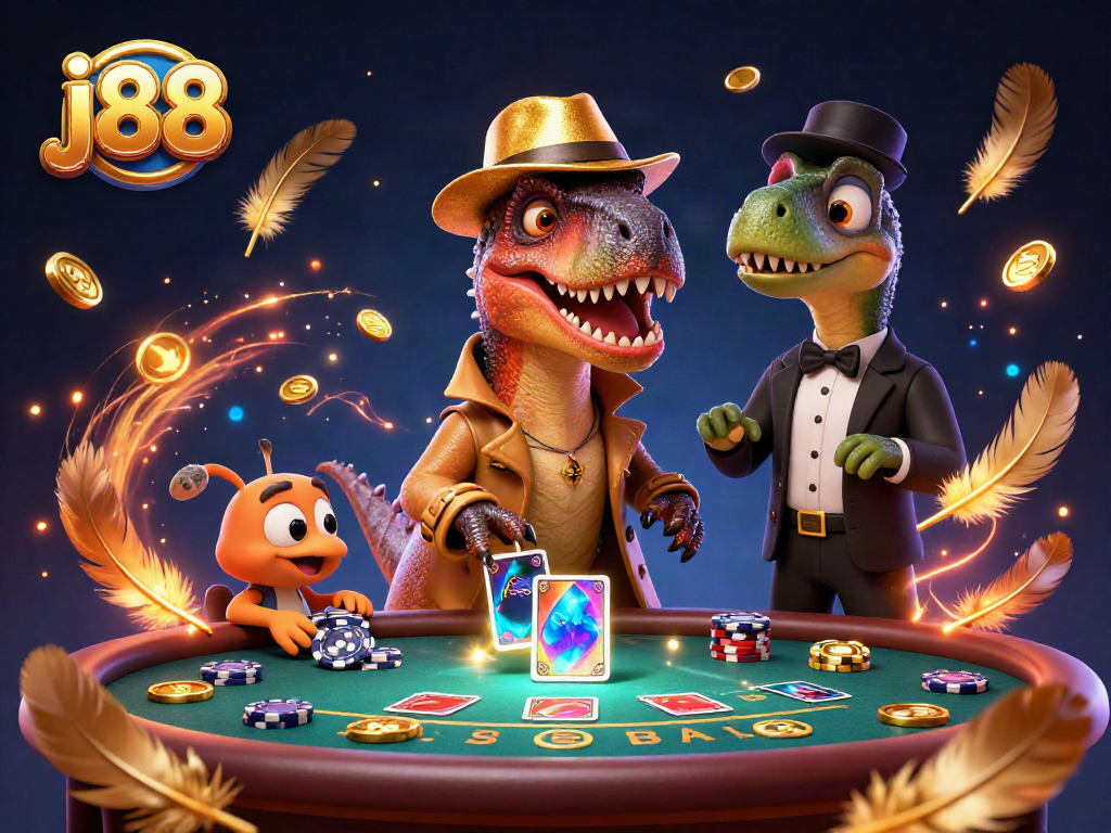 Experience thrilling blackjack action at j88 with a clever velociraptor card counter and vivid casino elements.