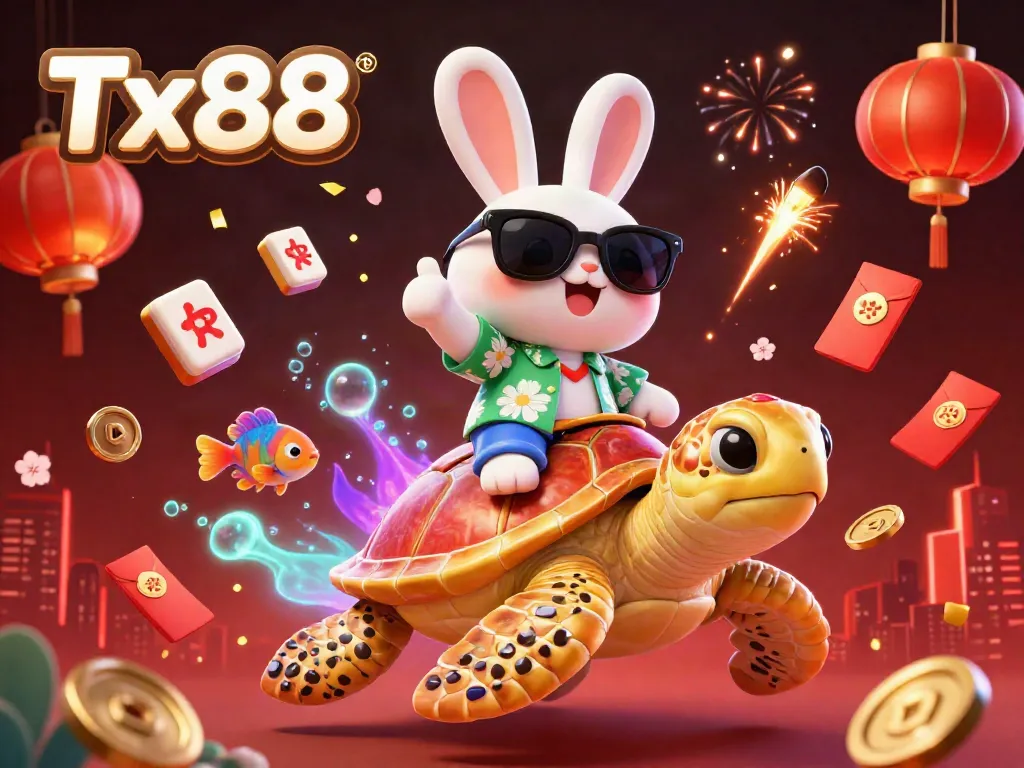 Engage with Tx88's vibrant gaming world featuring a lucky rabbit and golden sea turtle in a lively underwater scene.