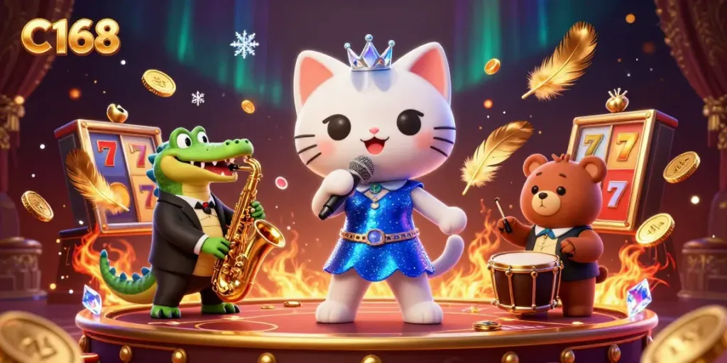 Experience thrilling casino moments with C168’s vibrant jazz-themed illustration featuring engaging characters and game elements.