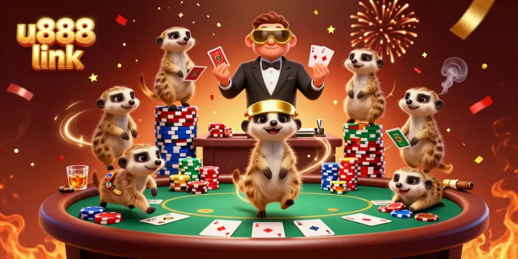 Engage with u888 link's thrilling online casino action featuring colorful poker scenes and meerkats in vibrant celebration.