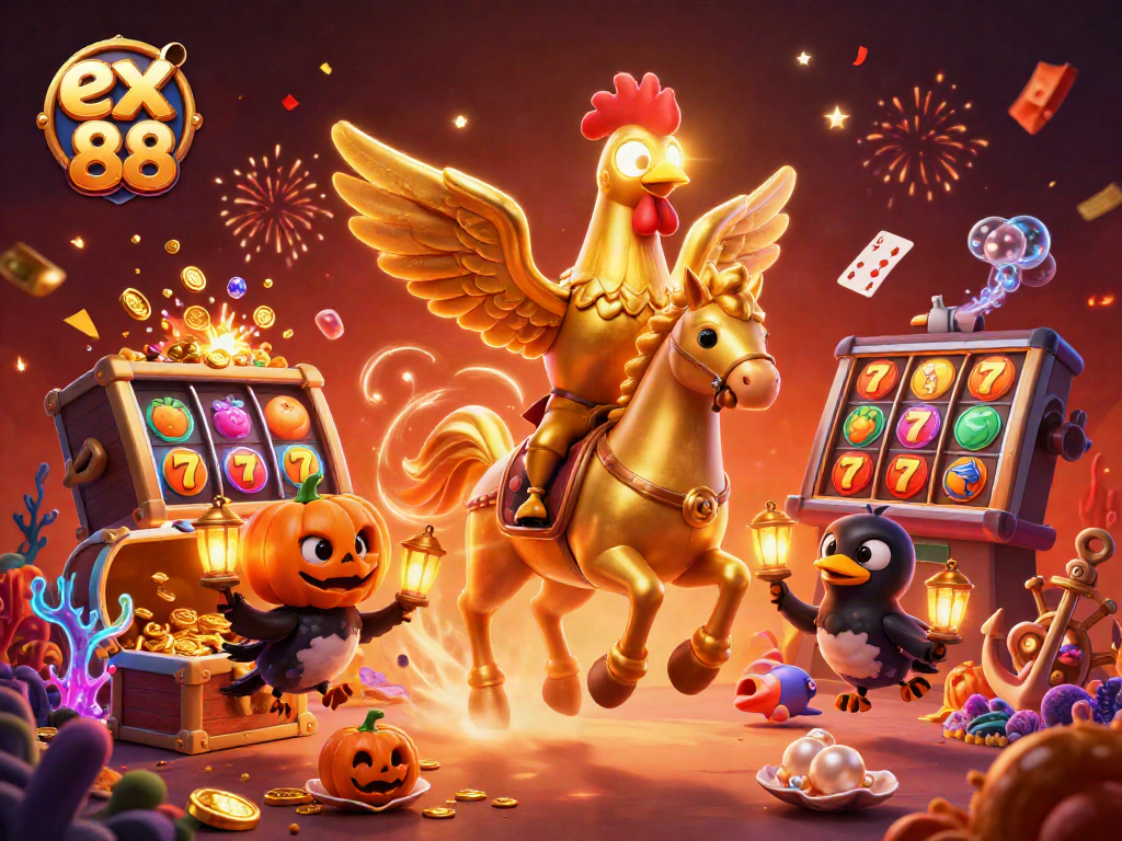 Spin to win with ex 88's vibrant mid-casino adventure featuring characters and gaming fun.