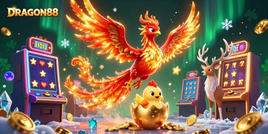 Experience DRAGON88 with a vibrant 3D scene featuring a phoenix and slot machines.