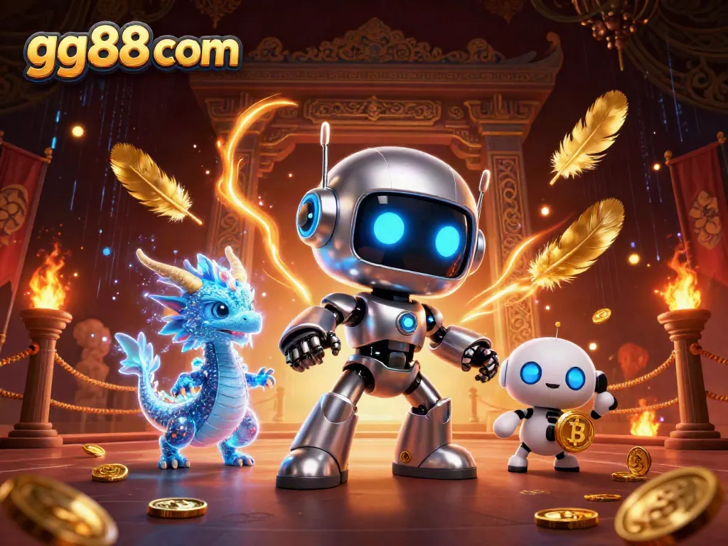 Experience the excitement of gg88 com with a dynamic cyberpunk robot and AI dragon in a vibrant casino scene.