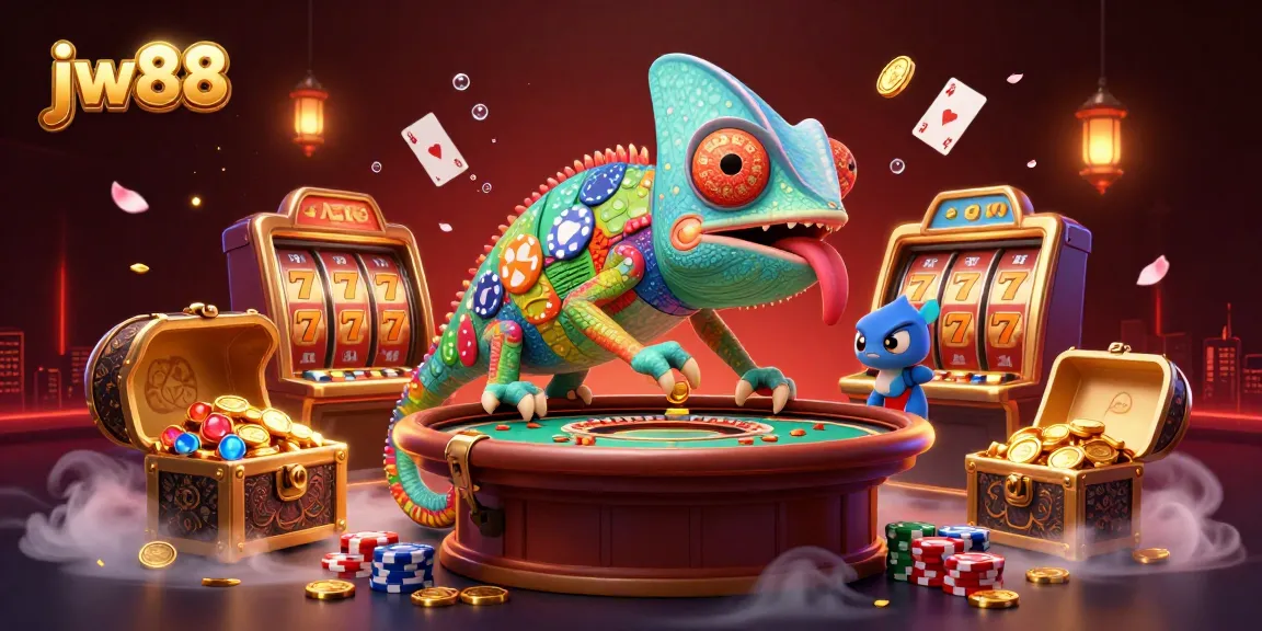 Engage with jw88's vibrant casino scene featuring a chameleon owner surrounded by dynamic gaming elements.