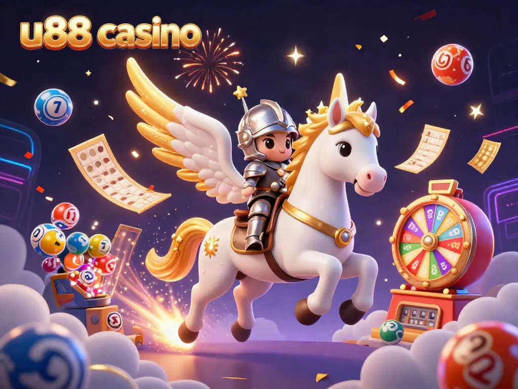 Experience excitement at u88 casino with vibrant games and golden prizes surrounding a heroic scene.