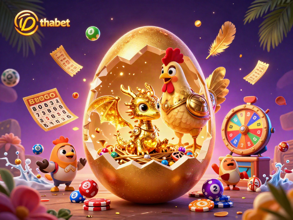Thabet showcases a golden egg cracking to unveil a dazzling dragon amidst lively lottery antics.