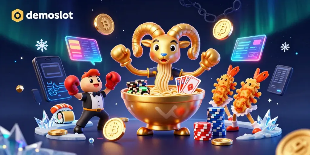 Engage in thrilling gameplay with demoslot, showcasing a vibrant casino scene with animated characters and crypto elements.