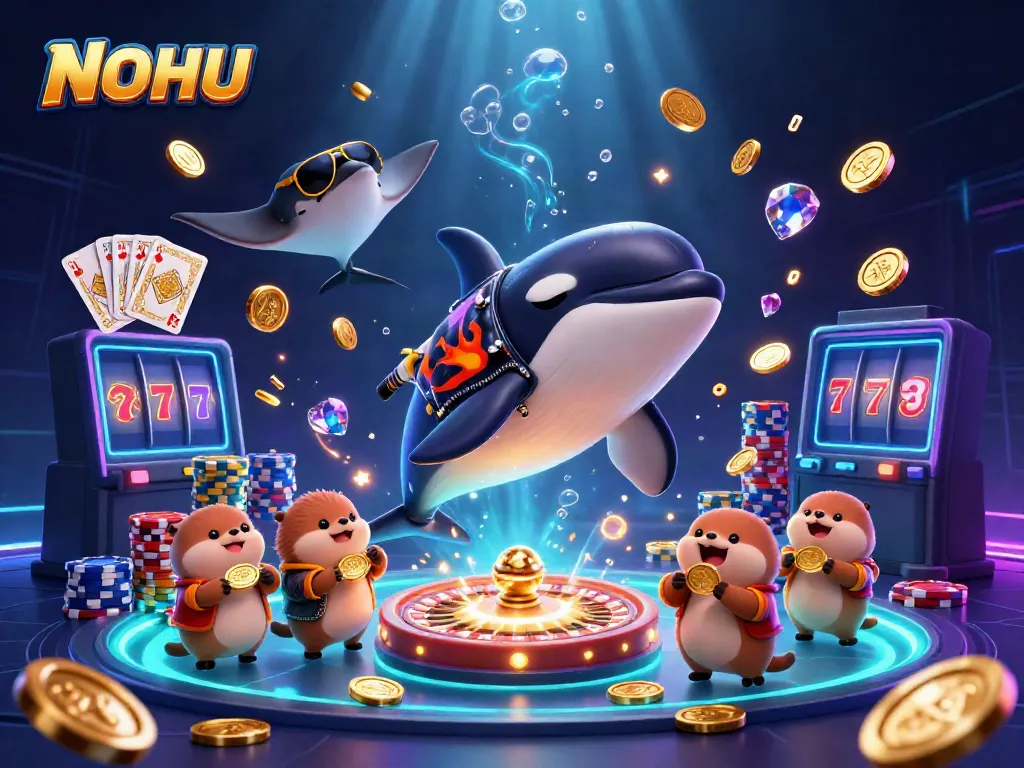 NOHU showcases an engaging 3D scene with vibrant characters and casino game elements.