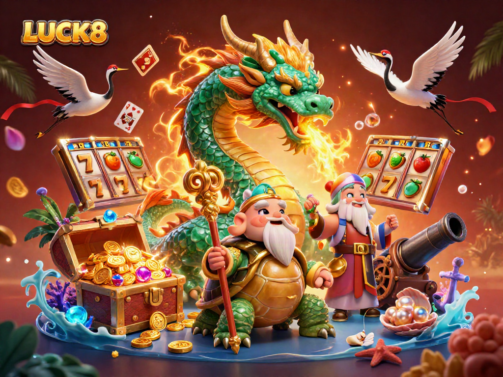 LUCK8 mang đến hình ảnh rồng ngọc lục bảo trong sòng bạc, may mắn và giải thưởng lớn.