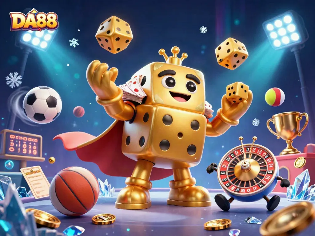 DA88 showcases a vibrant digital casino scene with animated dice and sports betting elements.