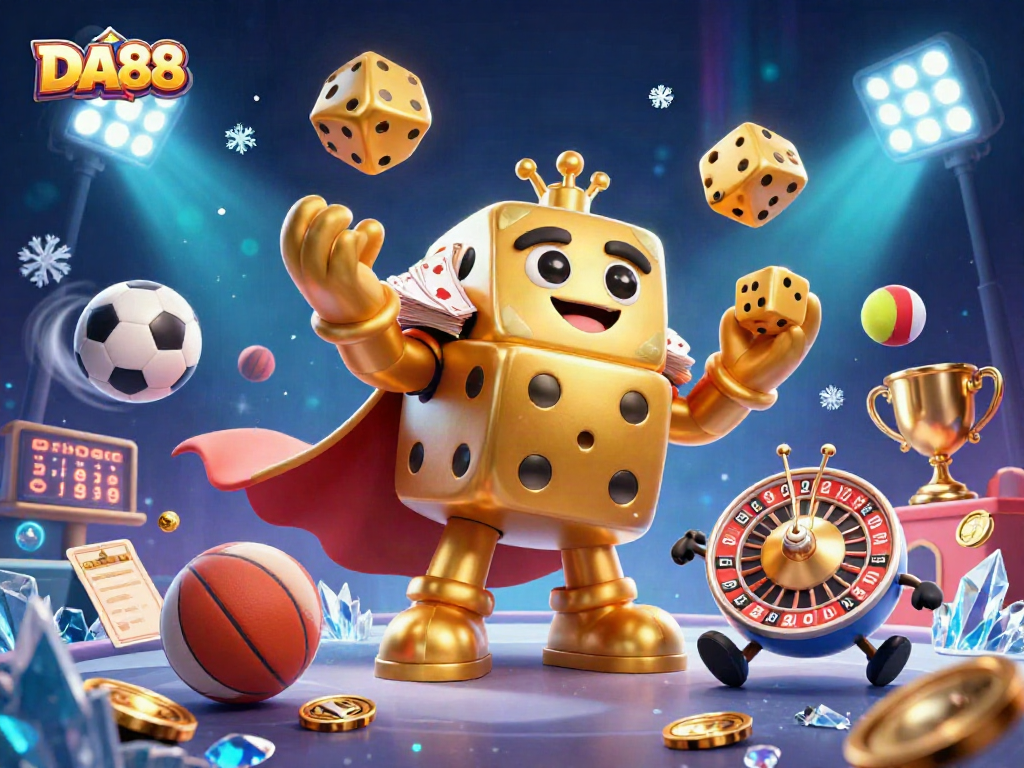 DA88 showcases a vibrant digital casino scene with animated dice and sports betting elements.