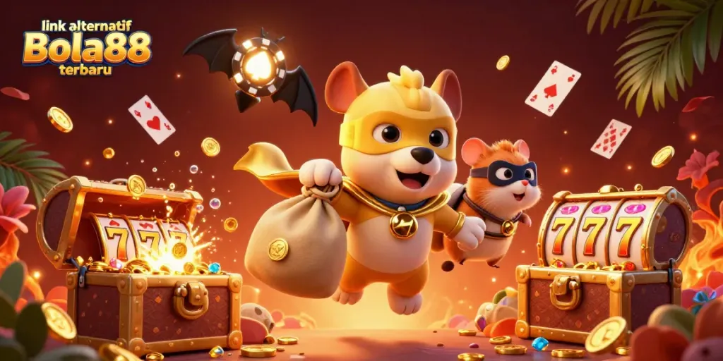 Experience excitement with link alternatif bola88 terbaru, showcasing a superhero dog flying amidst gold coins and poker elements.