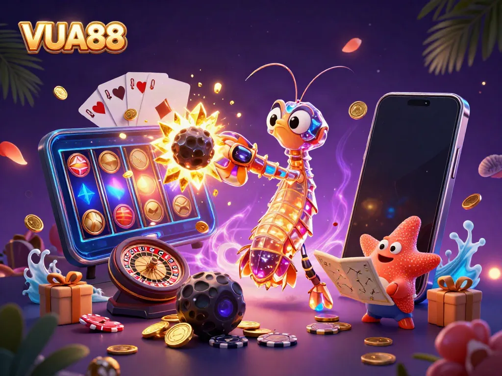 Engage with VUA88's thrilling galactic casino adventure featuring vibrant characters and dynamic gaming elements.