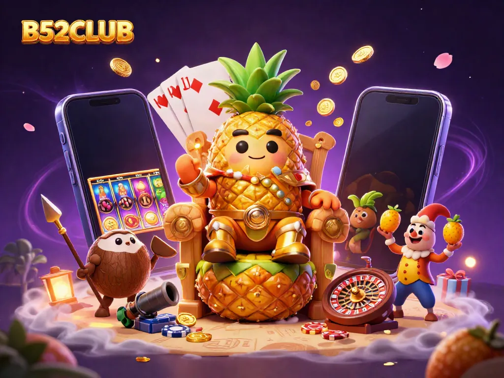 Engage with B52CLUB's vibrant casino scene featuring a pineapple king and dynamic gaming elements.