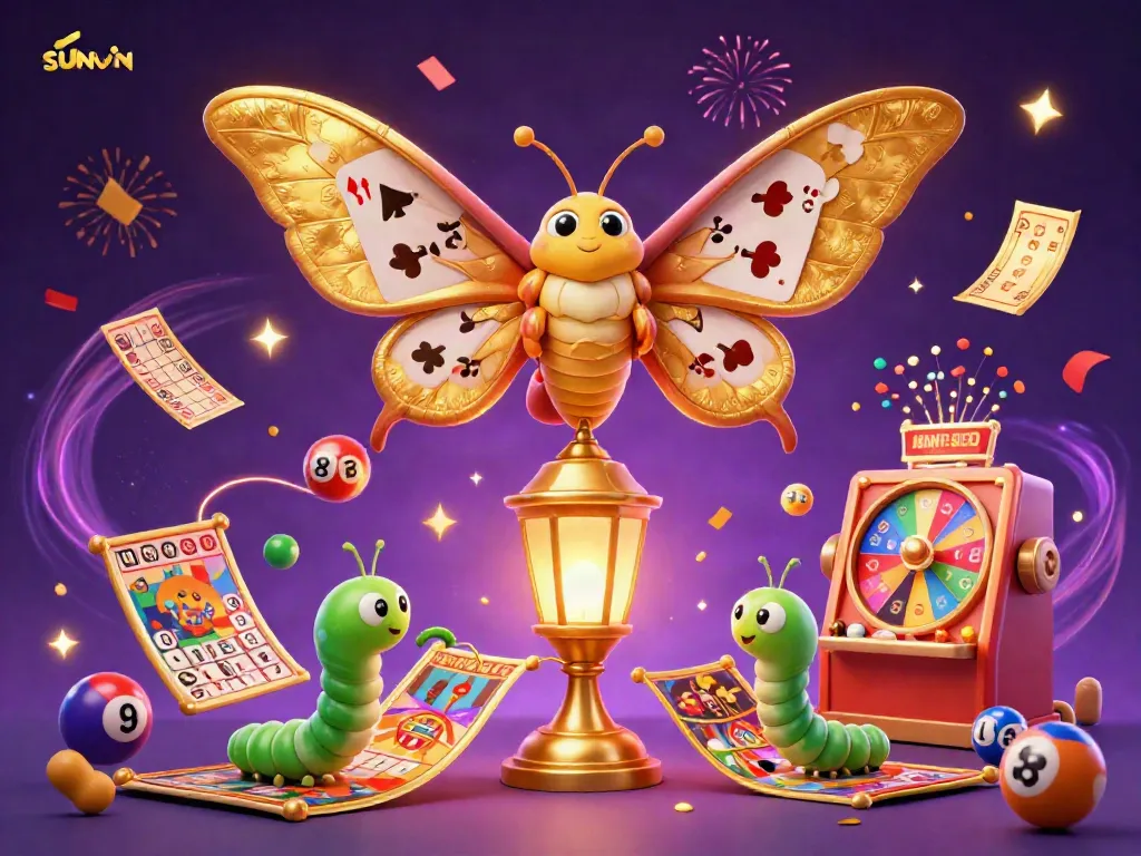 Experience thrilling gameplay with SUNWIN through colorful lottery balls and a majestic moth in a vibrant casino scene.