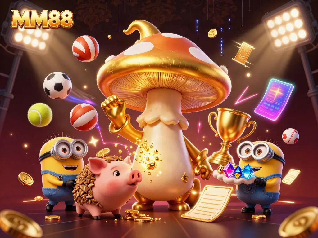 Engage in the thrilling MM88 experience with an enchanting 3D scene of characters and sports elements.