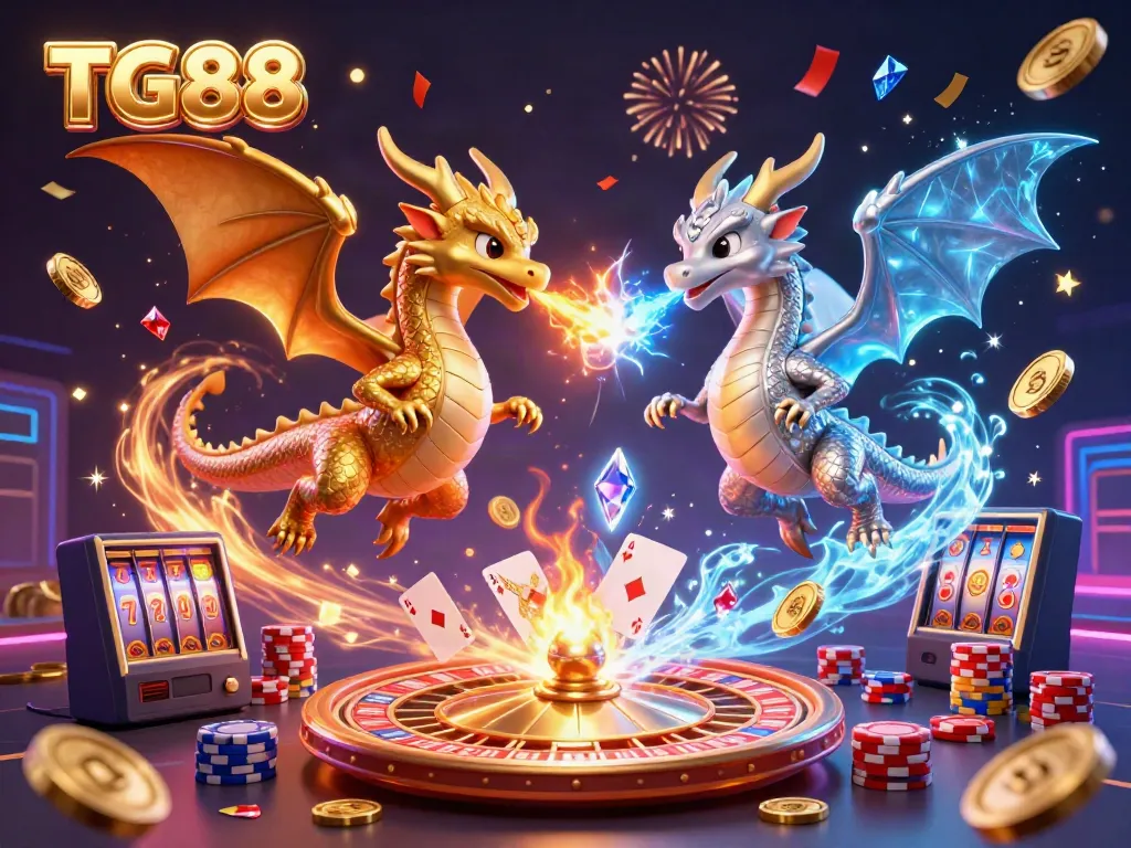 Experience the thrill of TG88 with enchanting dragons amidst a celebration of casino games.