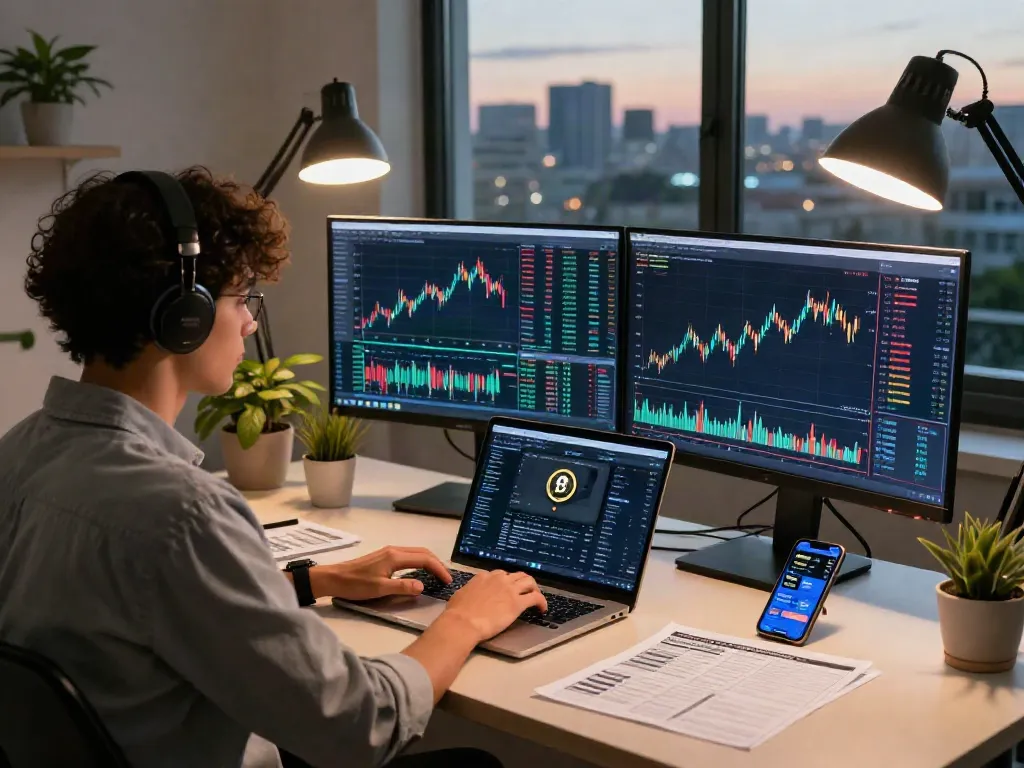 MEXC referral code insights in a modern trading workspace with charts and digital devices.