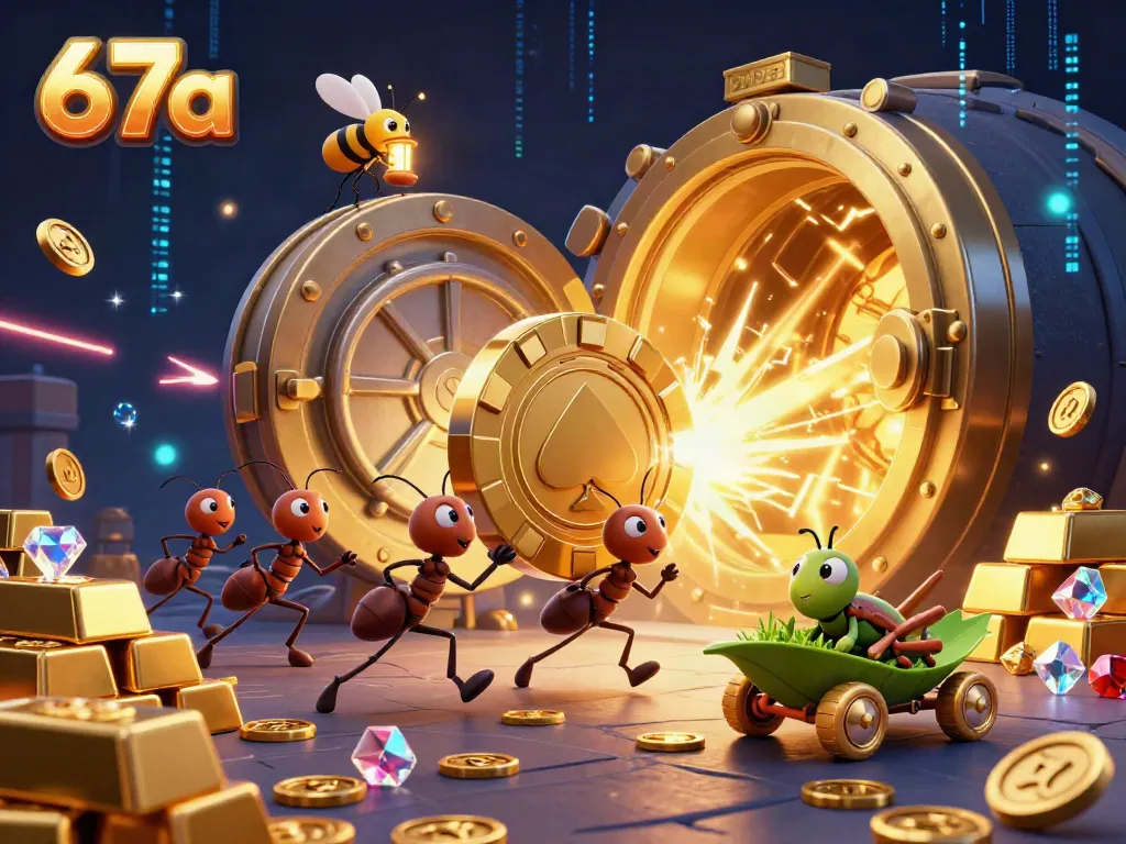 Ants executing a heist at 67a casino with golden chips and vaults.