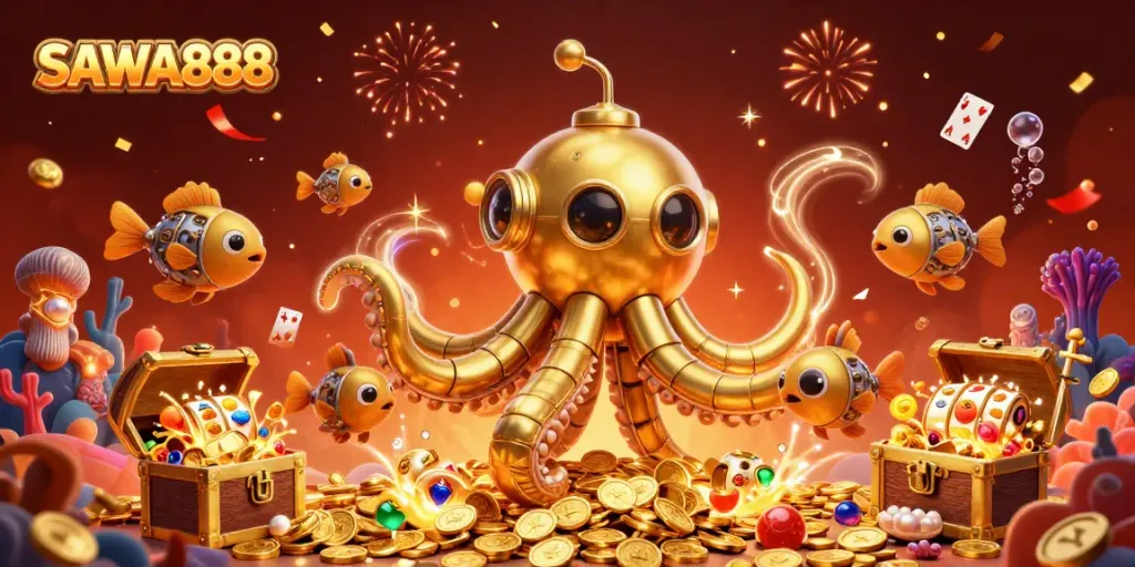 Experience thrilling wins with SAWA888 in this action-packed 3D illustration of a golden kraken among coins and slot elements.