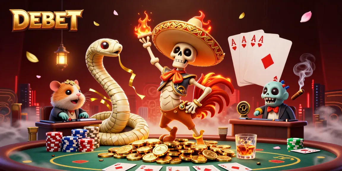 DEBET showcases an energetic scene with a mariachi skeleton celebrating over poker chips and vibrant casino elements.