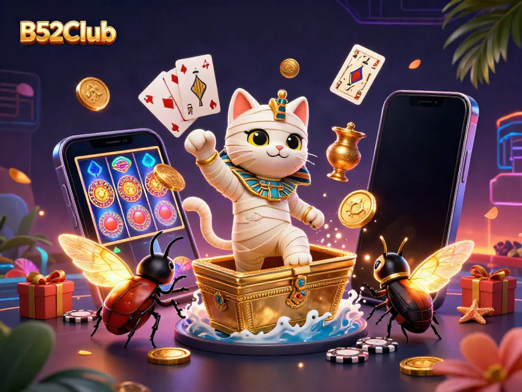B52Club players enjoy a vibrant casino scene featuring a mummy cat and glowing scarab in a pyramid setting.