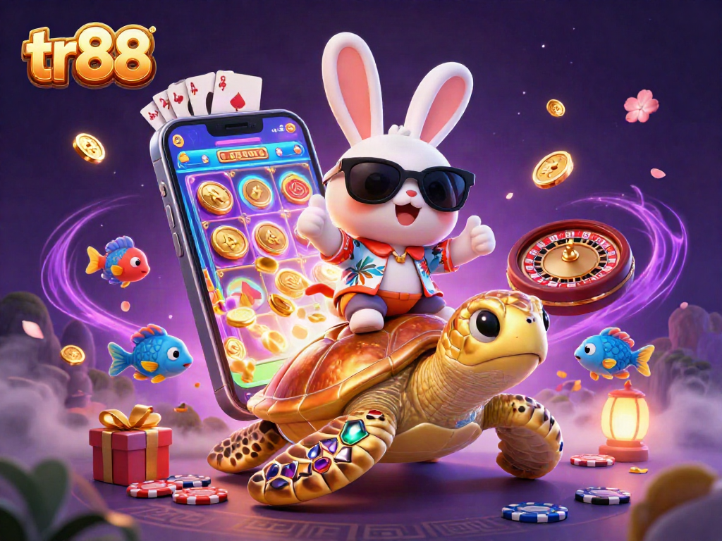 Experience thrilling gameplay with tr88 as a lucky rabbit rides a gem-encrusted turtle amidst vibrant casino elements.