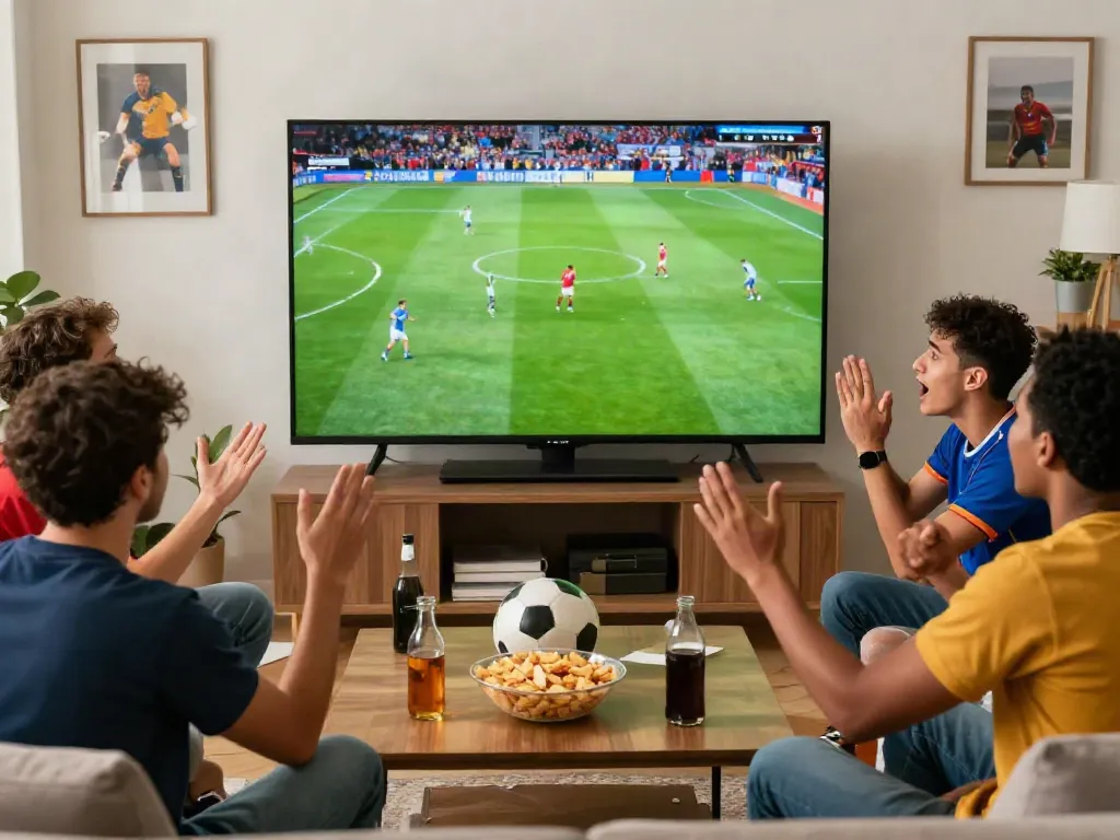 Fans enjoying live football streaming on xoilactv in a lively atmosphere, surrounded by snacks and memorabilia.