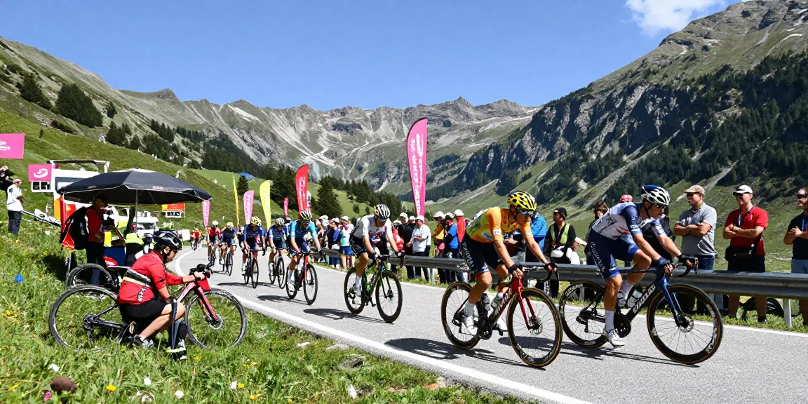 Atleti del ciclismo in competizione durante la Vuelta a España, con paesaggi montani sullo sfondo.
