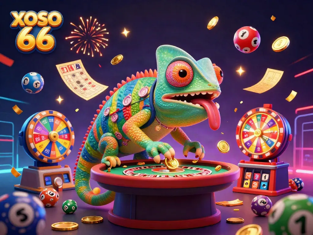 Play games and win at XOSO 66 with vibrant lottery balls and golden elements in an engaging casino scene.