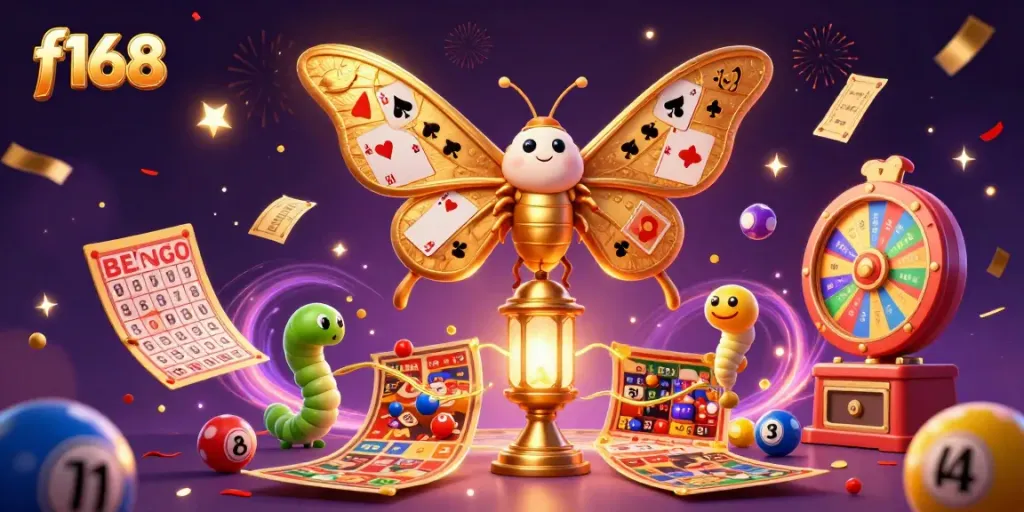 Experience the vibrant f168 casino world featuring a golden atlas moth amidst playful lottery balls and dynamic game elements.