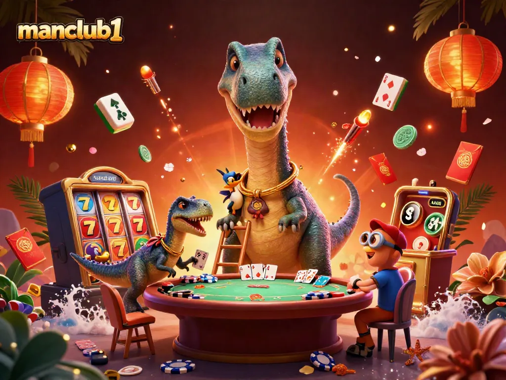 Engage in thrilling gameplay at manclub1 where a brontosaurus oversees a lively poker game.