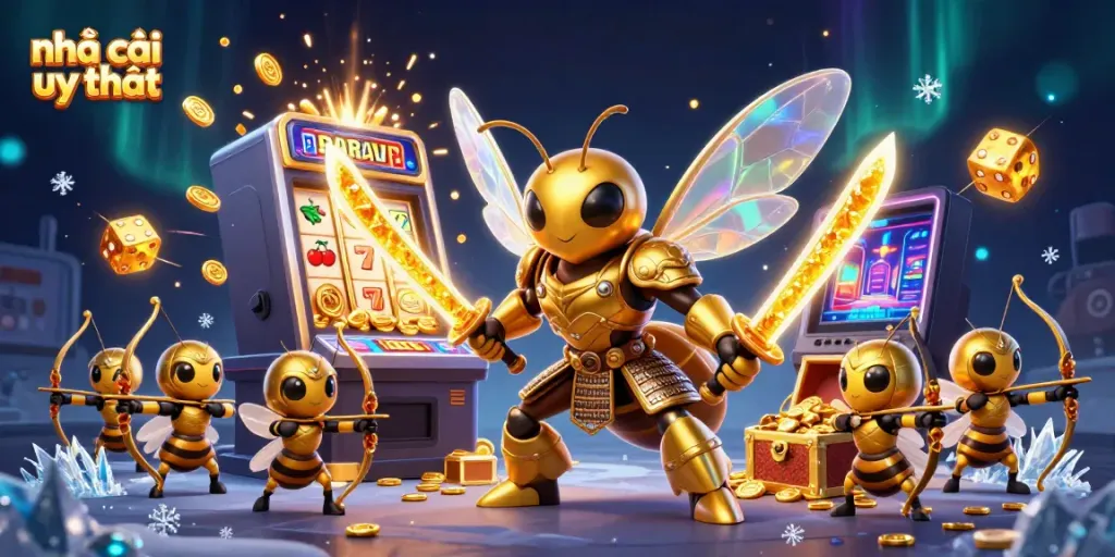 Experience thrilling casino adventures with nhà cái uy tín as a giant hornet samurai battles around a vibrant slot machine.