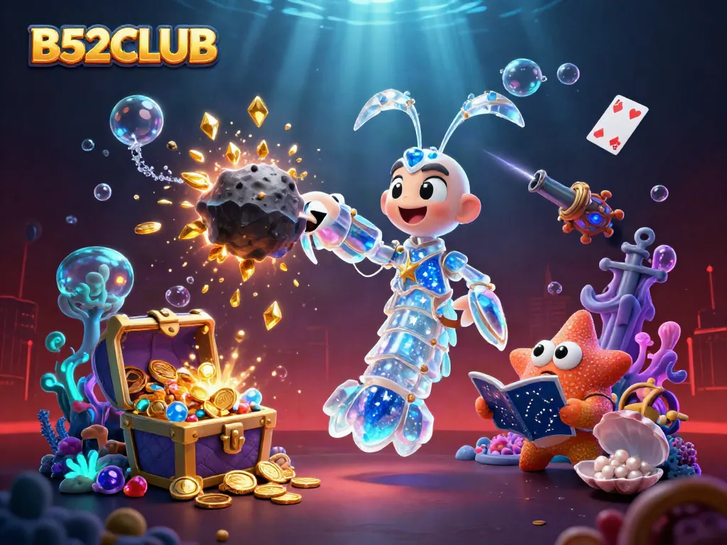 Experience the thrill of B52CLUB as a galactic samurai mantis shrimp battles for riches in a vibrant underwater scene.