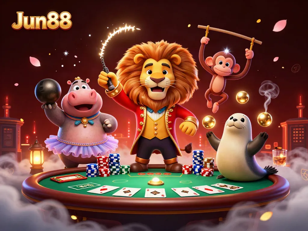 Engage in thrilling action with Jun88, featuring lively circus characters and exciting poker elements.