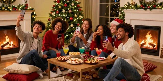 Engaging holiday posts on Instagram featuring friends celebrating in a cozy, festive living room