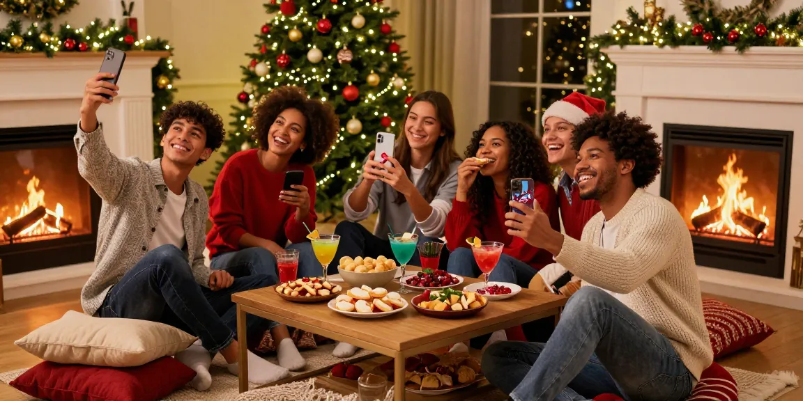 Engaging holiday posts on Instagram featuring friends celebrating in a cozy, festive living room