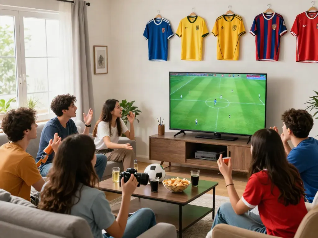 Friends enjoying a thrilling thapcamtv football match in a lively living room.