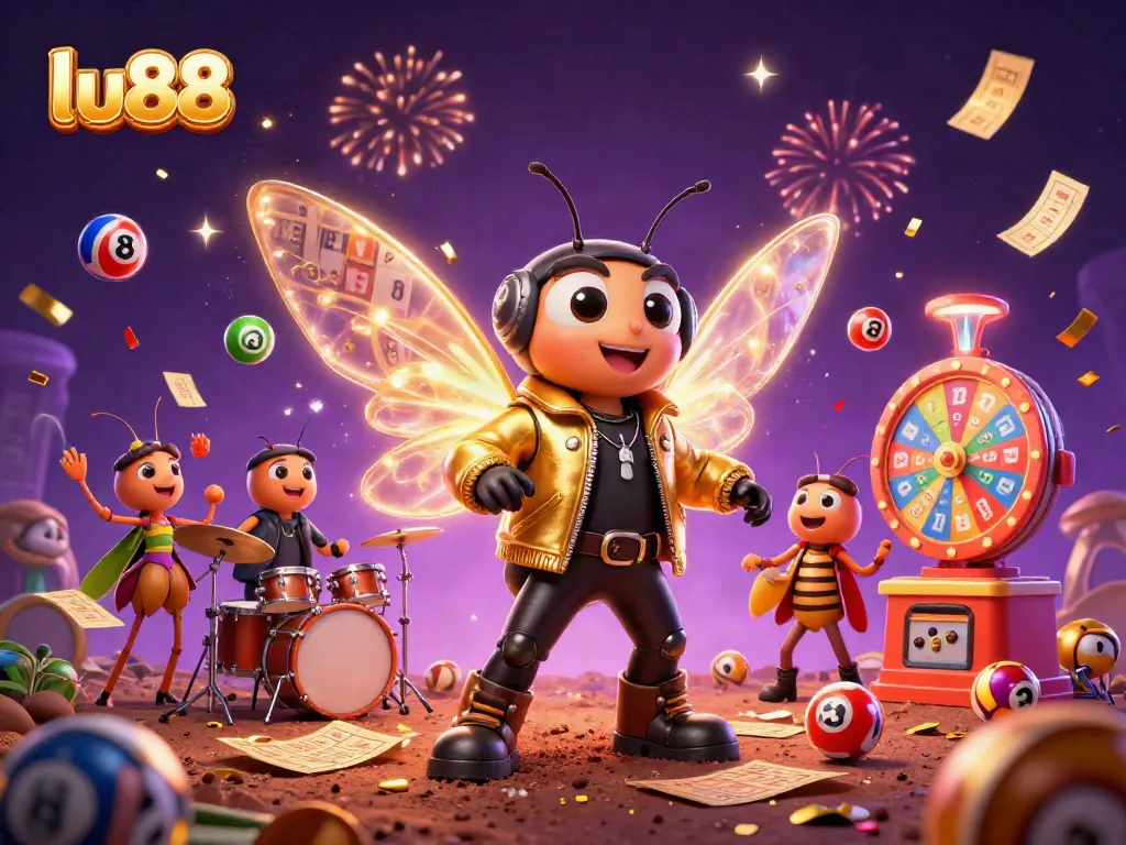 Experience the vibrant world of lu88 with a buzzing rock star and dynamic game elements.